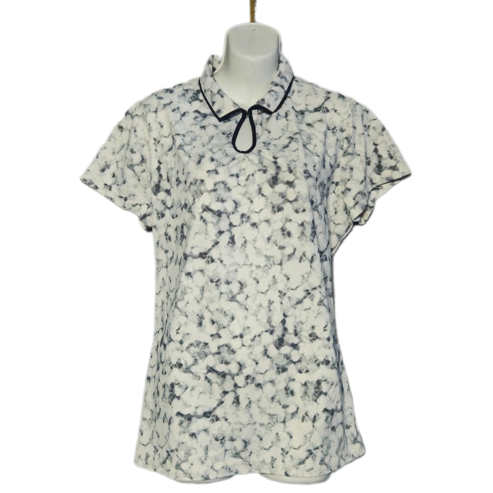 Nike Golf Polo Shirt Womens XL White Black Abstract Dri-FIT Keyhole Short Sleeve